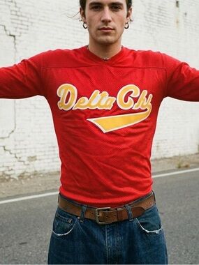 Vintage 90s Delta Chi Fraternity Jersey Red Mesh Tackle Twill Script Boxy XS/S